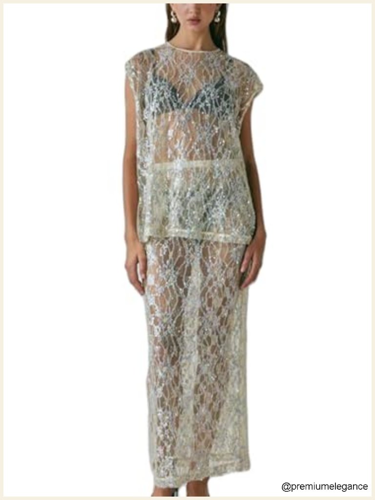 Sequin Lace Sheer See Through 2 Piece Skirt Set Short Sleeve Top Long Skirt